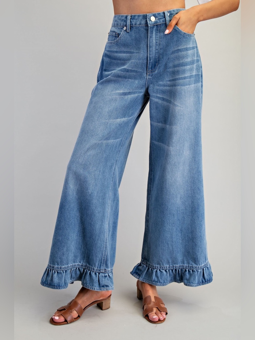 Ruffle Hem Wide Leg Mineral Washed Jeans - eesome
